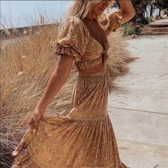 Boho Gypsy Dahlia Smocked Crop Peasant Top Floral gold mustard tie blouse - Picture 4 of 13